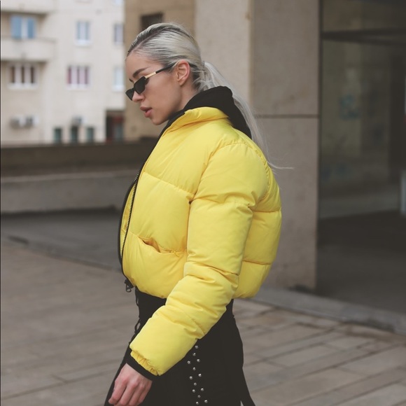 yellow crop puffer jacket